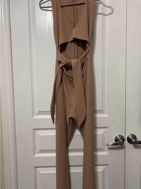 Sleeveless Taupe Cutout Jumpsuit with Waist Tie